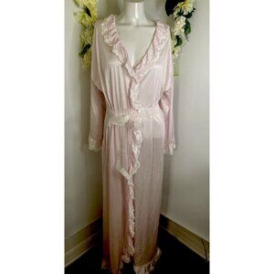 VTG 1970's Olga White Lace Soft Pink Peignoir V Neck Nylon Long‎ Robe Pocket EUC